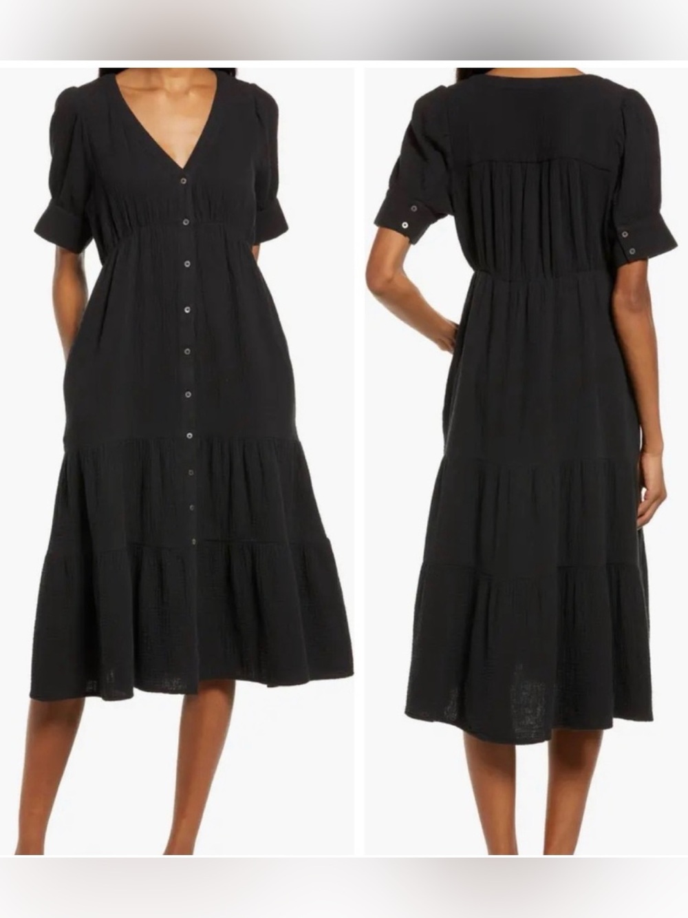 Madewell Women's Lightspun Button Front Tiered Midi Dress in True Black Size 2